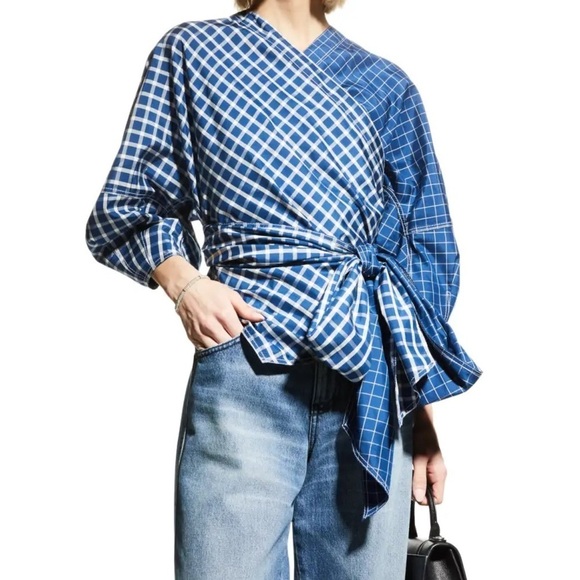 Tory Burch Tops - Tory Burch NWT Picnic Plaid Silk Wrap Top in Blue and White size 12